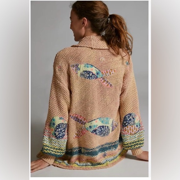 Anthropologie Sweaters - Anthropologie Pink Embroidered Patchwork Knit Sweater